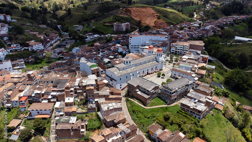 San Vicente Ferrer, Antioquia - Colombia. April 24, 2024. Aerial photograph of the main parish of the municipality