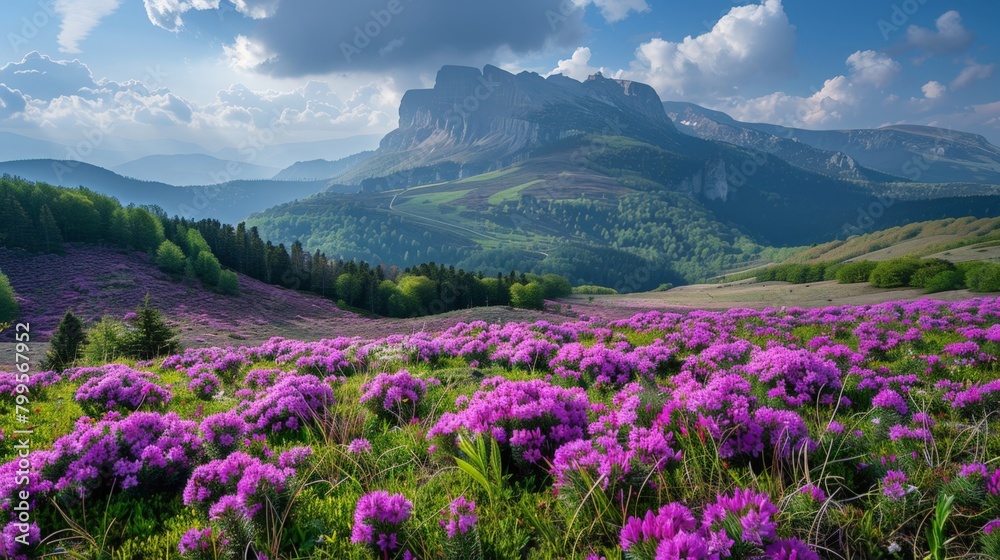 Fototapeta premium Purple flowers in front of mountain