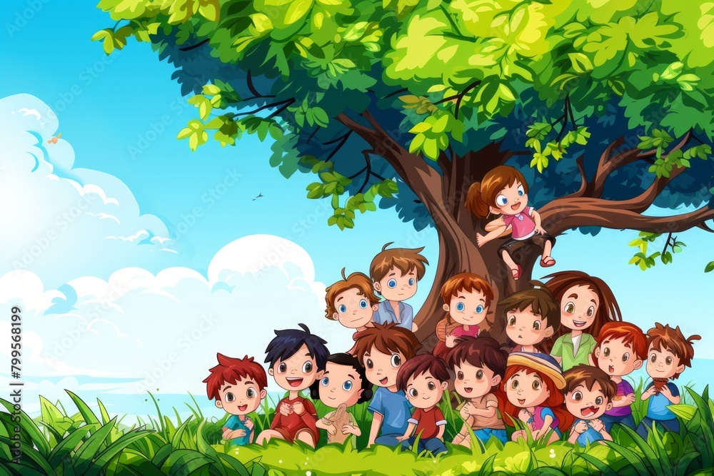 Group of happy kids in the park illustration. Cartoon vector illustration. Group of happy kids in the park illustration. Cartoon vector illustration.