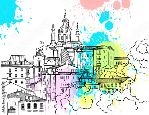 Nice view of the old Kiev. Ukraine. Trendy urban landscape. Cityscape. Hand drawn sketch. Line art. Postcards.	Vector illustration on colorful blobs