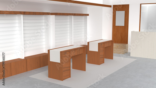 Concepto de oficina comercial con muebles exhibidores con estantes y escritorios en madera. Ilustración 3D. Vista en perspectiva.