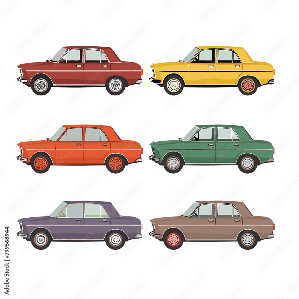 collection of classic cars in various colors, lined up in a row on a white background