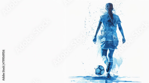 Blue watercolor painting of soccer woman player and ball view from back