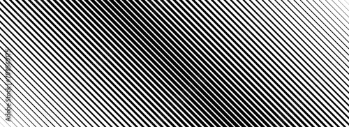 Oblique line halftone gradient texture. Fading diagonal stripe gradation background. Black slanted pattern backdrop. Thin to thick stripe vanish backdrop for overlay, print, cover. Vector wide texture