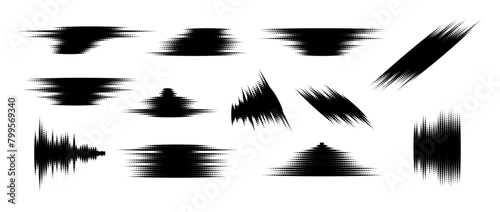 Halftone glitch element set. Dotted textured geometric form collection. Grunge abstract halftone spikey shapes for print, banner, poster, collage, overlay, label, tag. Distressed grunge vector pack