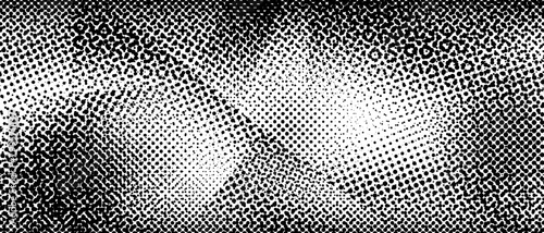 Halftone grunge texture. Distorted rough dirty scratch textured background. Dotted glitch punk wallpaper for banner, poster, flyer, print, overlay, magazine. Distress scuffed vector halftone backdrop