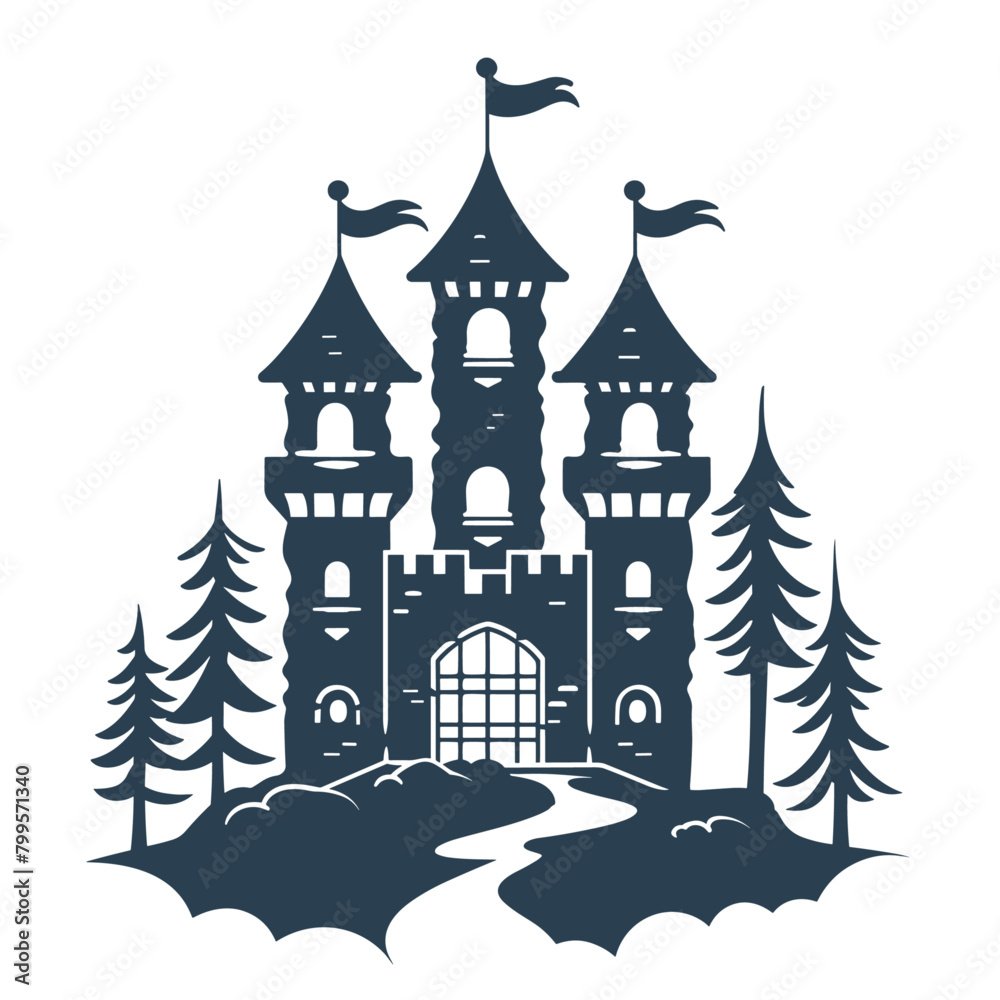 spooky illustration of a haunted castle against a full moon with a dark forest path leading up to it