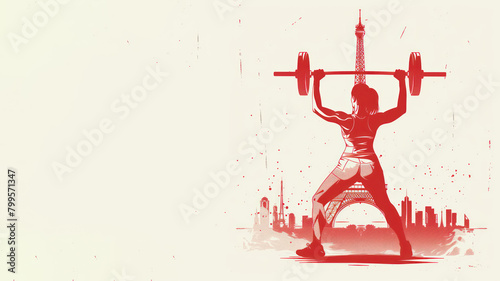 Red illustration of weightlifter athlete at olympic by eiffel tower