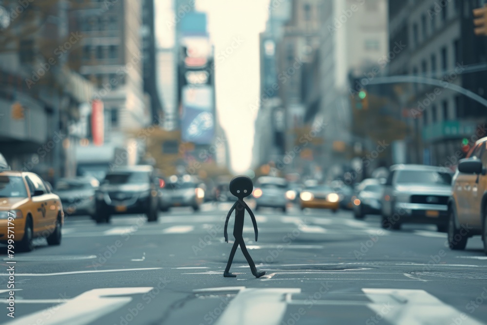A cartoonish alien walks across a busy city street
