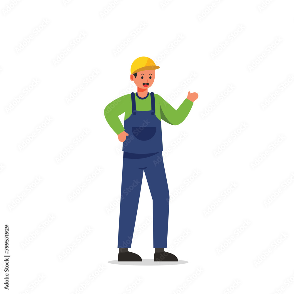 worker standing and showing thumb up worker standing and showing thumb up