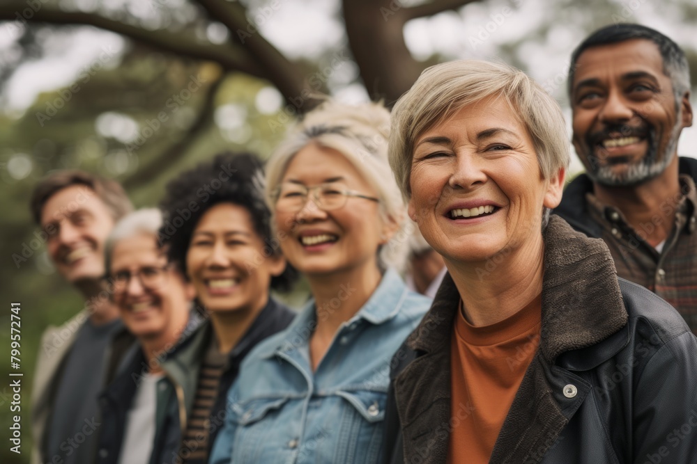 Group of diverse senior people standing together in a park smiling at the camera Group of diverse senior people standing together in a park smiling at the camera