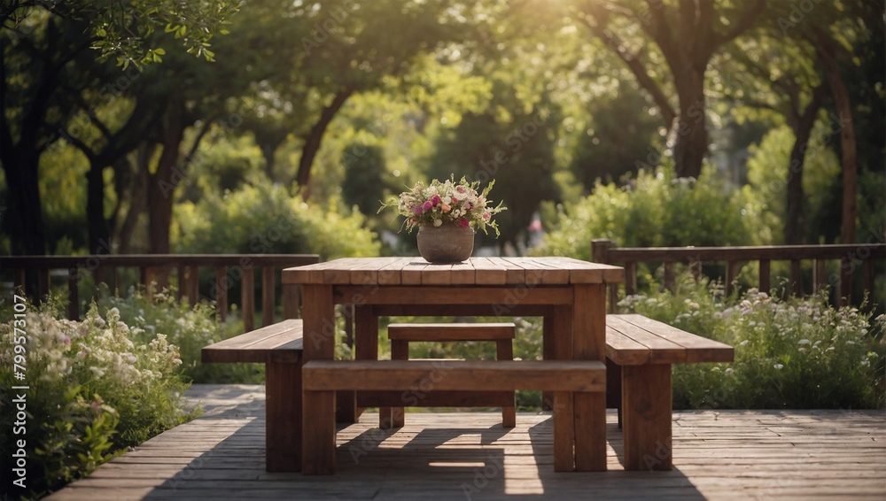 garden atmosphere with wooden tables garden atmosphere with wooden tables