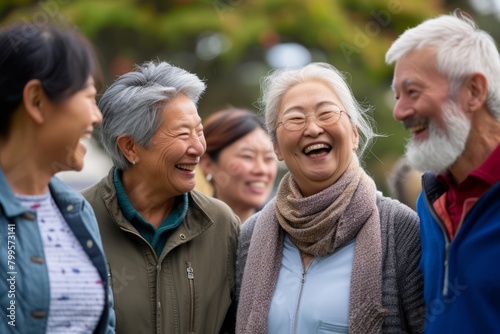 Group of happy asian senior friends walking together in the park.