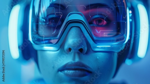 A person wearing a futuristic headset their facial expression blank and eyes glazed over implying the potential loss of control over ones own thoughts and actions through neurohacking..
