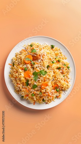 Traditional biryani rice family food dish with vegetable and meat, top of view