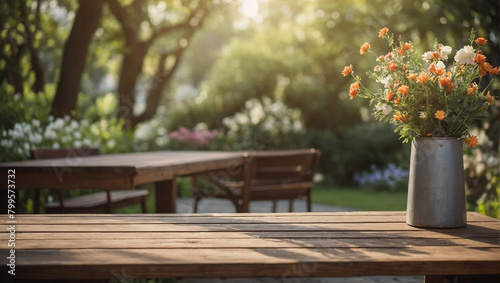 garden atmosphere with wooden tables photo