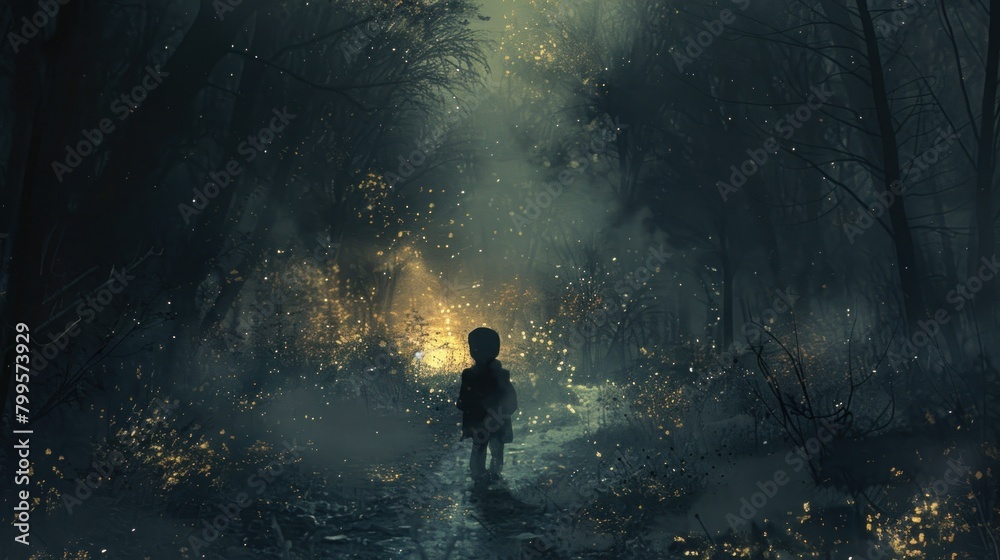 In the cold night within the dark forest, the shadow of a young boy looms.