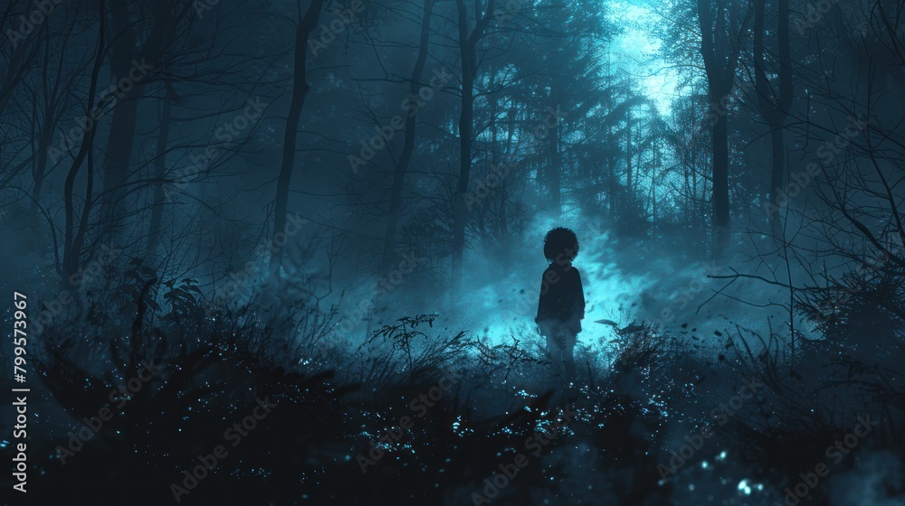 The cold night envelops the dark forest, where the shadow of a little boy is seen.