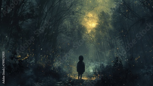 Amidst the darkness of the forest and the chill of the night, a little boy's shadow emerges. photo