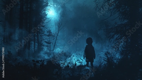 In the dark forest under the cold night, the silhouette of a young boy is discernible. photo