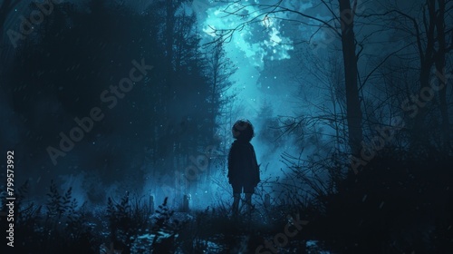 The dark forest and cold night sky cast the shadow of a little boy.