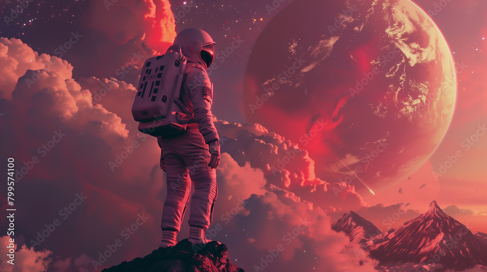 A man in a spacesuit is standing in the clouds. The sky is filled with clouds and the man is looking up at the sky