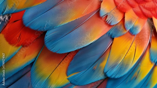 A colorful bird's feathers with a blue, red, and yellow pattern