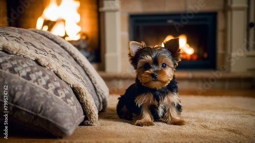 yorkshire terrier sitting on the fire