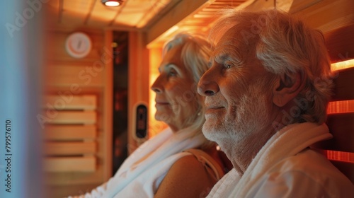 An older couple relaxing in an infrared sauna on a rainy day utilizing the saunas heat to soothe their aching joints and muscles and boosting their overall mood in the process..