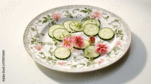 A platter of sliced cucumbers and radishes served with a side of tangy tzatziki sauce, presented on a dainty porcelain dish with delicate floral patterns. 