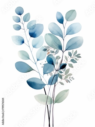 A tranquil botanical illustration featuring watercolor plants in soothing shades of blue  conveying a calm atmosphere.