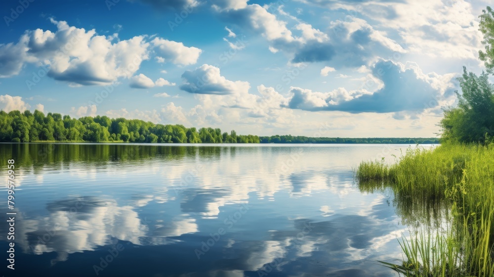 Expansive view of a serene lake reflecting fluffy clouds, bordered by lush greenery under a vibrant blue sky, conveying a sense of tranquility. Expansive view of a serene lake reflecting fluffy clouds, bordered by lush greenery under a vibrant blue sky, conveying a sense of tranquility.