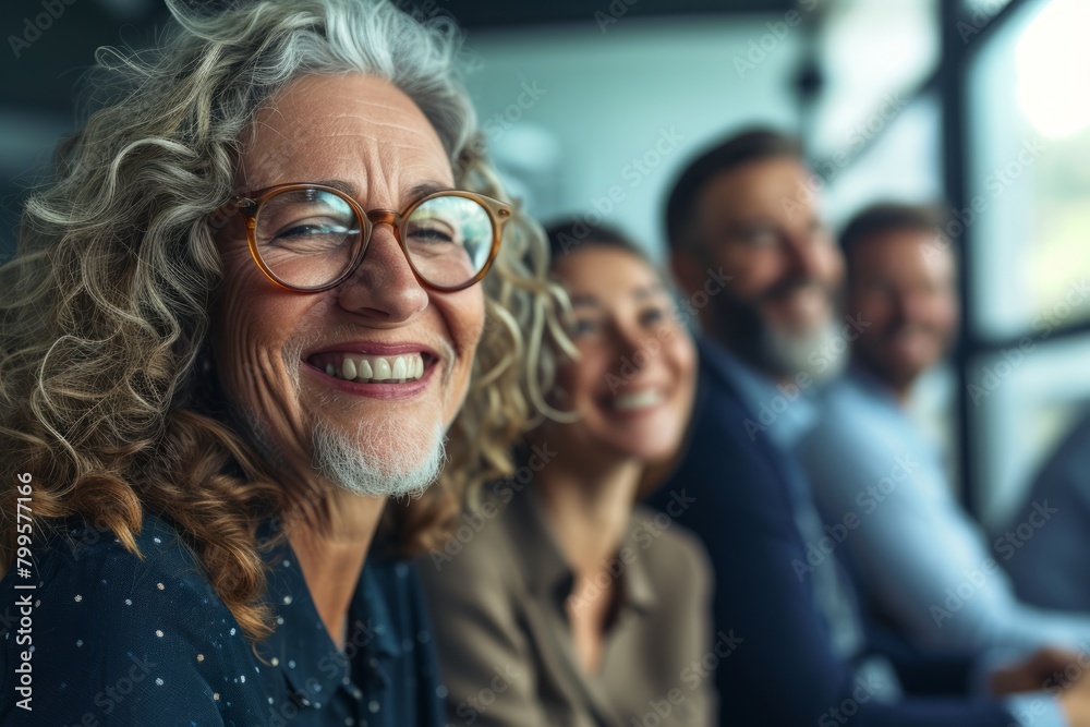 Portrait of smiling senior businesswoman with colleagues in background at office Portrait of smiling senior businesswoman with colleagues in background at office