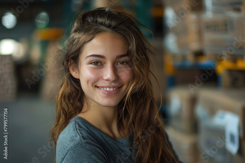 Brunette woman wearing delivery officer uniform in the sorting warehouse