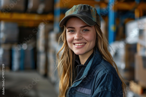 Caucasian woman wearing delivery officer uniform in the sorting warehouse