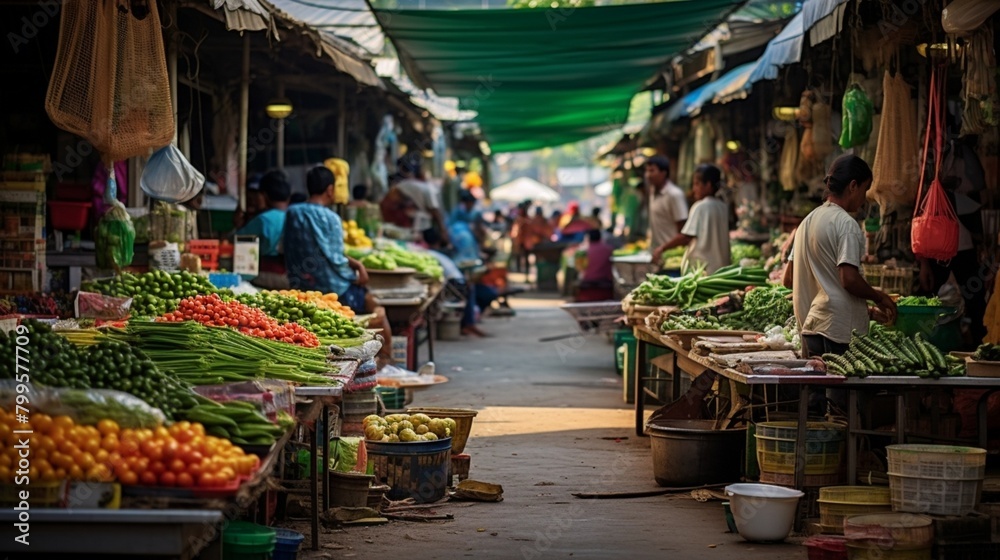 A vibrant marketplace bustling with colorful stalls selling fresh fruits, vegetables, and exotic spices.  