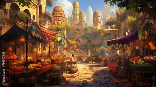 A vibrant marketplace bustling with colorful stalls selling fresh fruits, vegetables, and exotic spices.   © Malik