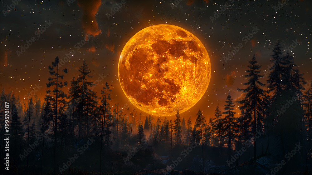 Meteor shower over forest, night sky, stars, orange glow on the full moon