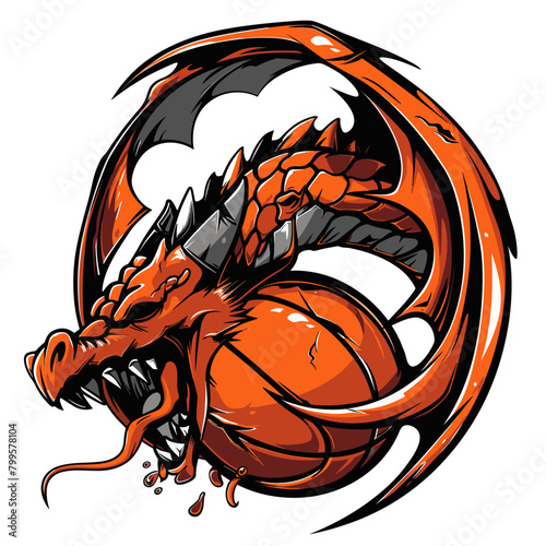 mythical creature, a strong green dragon with sharp claws and a long tail, clutches a basketball in its mouth