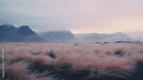 Twilight settles over a mystical landscape, feathered grass in the foreground contrasts with the soft shapes of distant mountains under a pastel sky. © whilerests