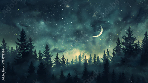 night sky over an evergreen forest, with stars twinkling above and a crescent moon