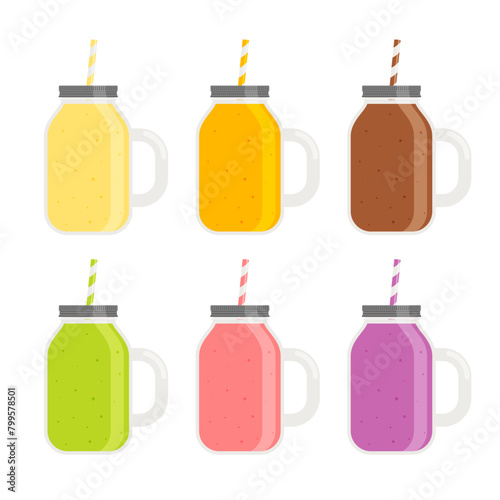 Set of smoothies in mason jars with straws in flavors like vanilla, chocolate, lemon, strawberry, grape. Flat icon set isolated on white background. Beverage concept for menu, poster, banner design