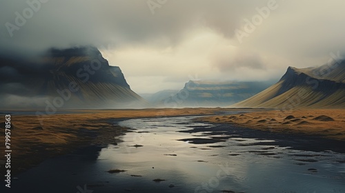 Dusk casts a somber mood over a scene with mountains overlooking a dark riverbed in a desolate landscape.