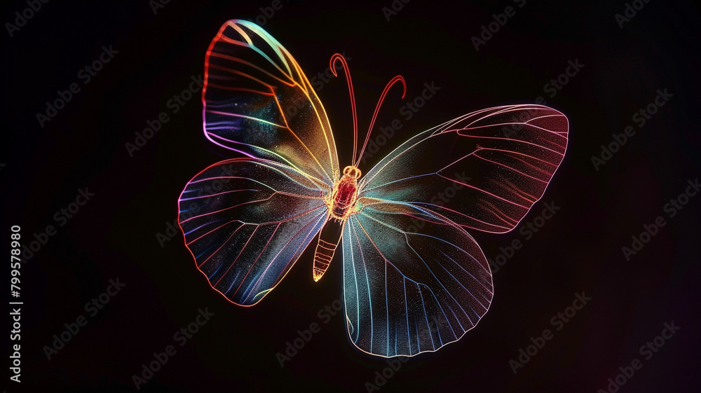  A solitary neon butterfly suspended in the darkness, its radiant colors creating a striking contrast against the black background