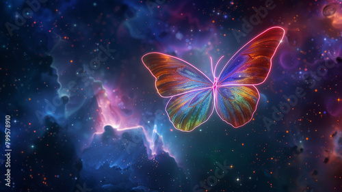 A single neon butterfly fluttering delicately amidst the void of space, its iridescent wings shimmering with vibrant hues © Glenn Finch