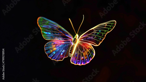  A solitary neon butterfly suspended in mid-air, its vibrant colors creating a stunning contrast against the blackness of the night © rai stone