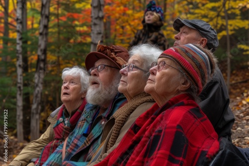 Group of elderly people sitting in the autumn forest and looking at the camera