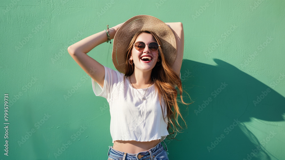 Fototapeta premium Happy woman with trendy style against green background