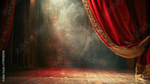 Red velvet stage curtains parting to reveal dramatic, empty wooden with atmospheric lighting and smoke photo