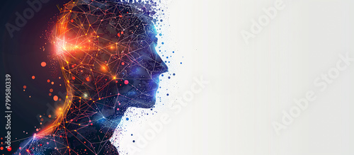 Abstract digital human head silhouette with a network of connections and light effects